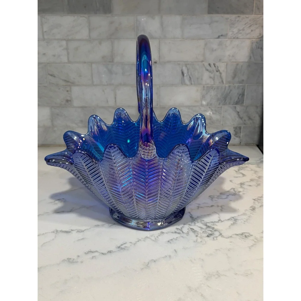 Vintage Cobalt Blue Carnival Glass Basket Iridescent Herringbone Pattern Decor